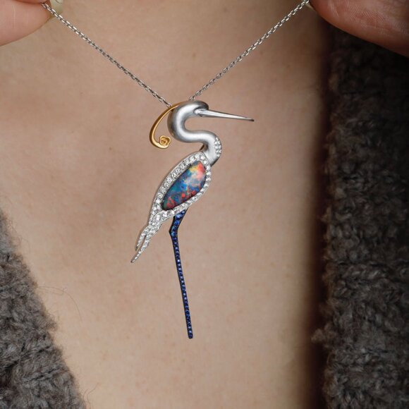 The Wind Opal Jewelry - The Egret - Boulder Opal Diamond Sapphire Pendant & Brooch 18k Gold